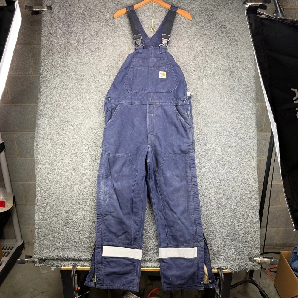 Carhartt FR FRR43 DNY Flame Resistant Quilt Lined Bib Overalls Navy Blue Medium